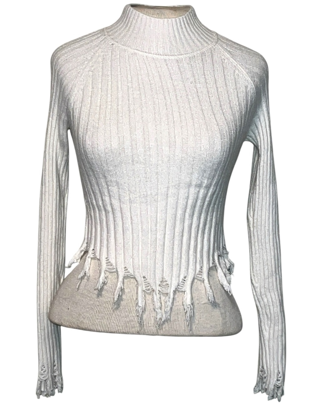 Jolie & Joy White Ribbed Mock Neck Distressed Long Sleeve Top Size Small